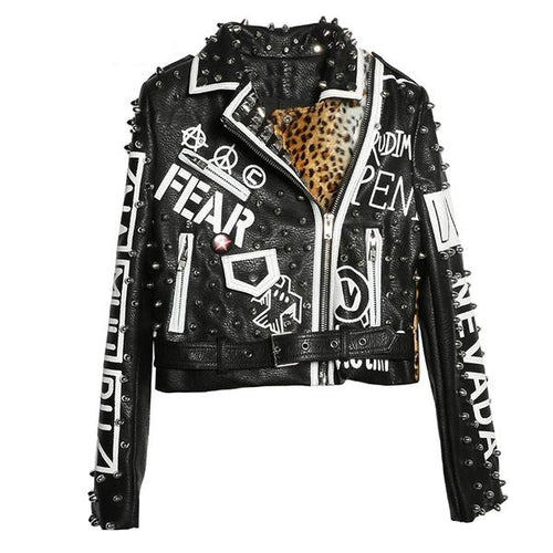 Load image into Gallery viewer, Punk Rock Black Leopard Studded Leather Jacket-women-wanahavit-leopard-XS-wanahavit
