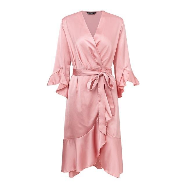 Elegant Satin Ruffle Flare Sleeve Wrap Dress-women-wanahavit-Pink-S-wanahavit