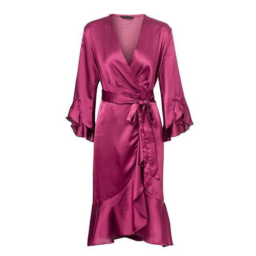 Load image into Gallery viewer, Elegant Satin Ruffle Flare Sleeve Wrap Dress-women-wanahavit-Rose Red-S-wanahavit
