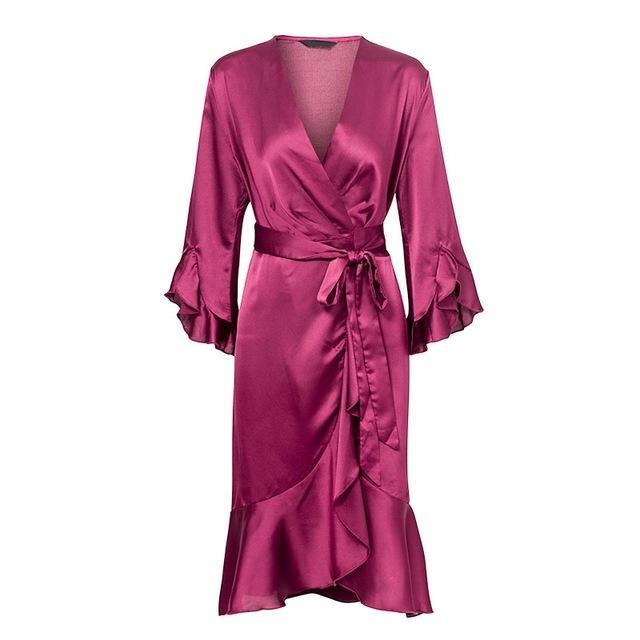 Elegant Satin Ruffle Flare Sleeve Wrap Dress-women-wanahavit-Rose Red-S-wanahavit