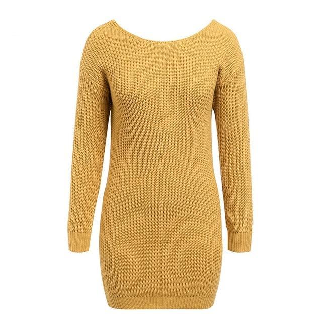 Off Shoulder Knitted Sexy Backless Long Sleeve Sweater Dress-women-wanahavit-Yellow-One Size-wanahavit