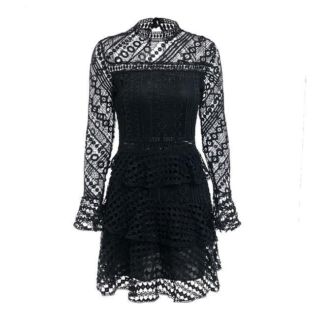 Elegant White Vintage Flare Sleeve Lace Dress-women-wanahavit-Black-S-wanahavit