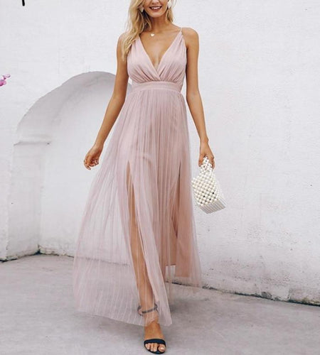 Elegant Mesh Pink Lace V Neck Maxi Dress-women-wanahavit-Nude Pink-S-wanahavit