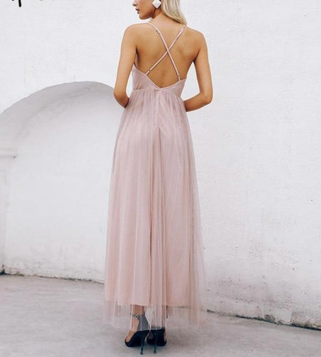 Elegant Mesh Pink Lace V Neck Maxi Dress-women-wanahavit-Nude Pink-S-wanahavit