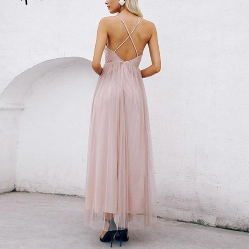 Load image into Gallery viewer, Elegant Mesh Pink Lace V Neck Maxi Dress-women-wanahavit-Nude Pink-S-wanahavit
