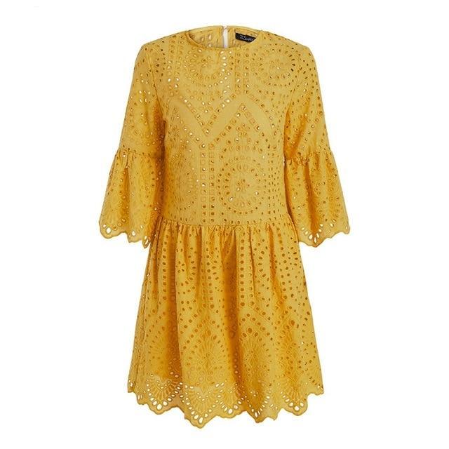 Cotton Lace Butterfly Sleeve Embroidery Mini Dress-women-wanahavit-Yellow-S-wanahavit
