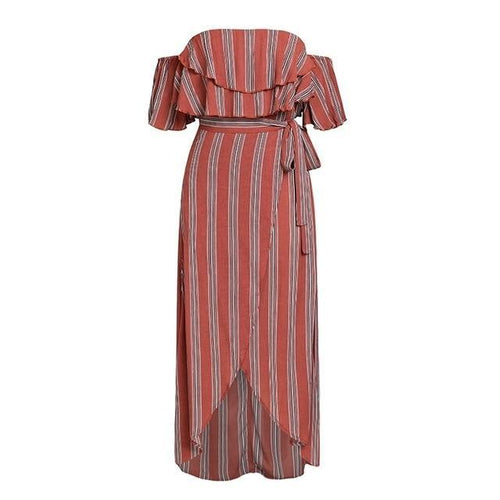 Load image into Gallery viewer, Sexy Striped Long Off Shoulder Ruffle Split Summer Dress-women-wanahavit-Striped-S-wanahavit
