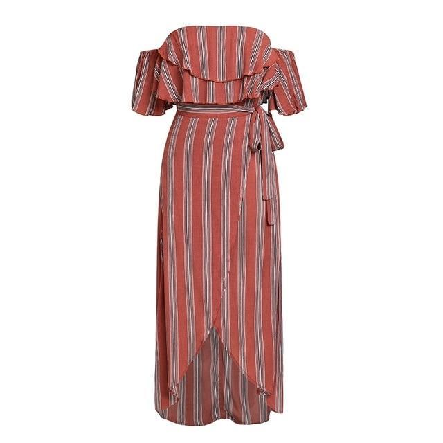 Sexy Striped Long Off Shoulder Ruffle Split Summer Dress-women-wanahavit-Striped-S-wanahavit