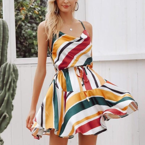 Load image into Gallery viewer, Spaghetti Strap Multi-color Ruffle Sexy Summer Dress-women-wanahavit-Multi Stripe-S-wanahavit
