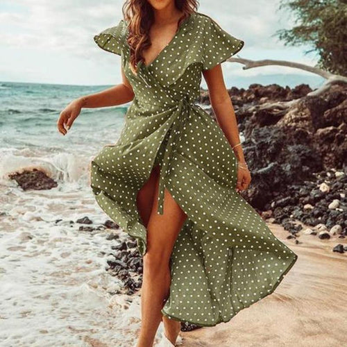 Load image into Gallery viewer, Vintage Dots Print Chiffon Summer Long Wrap Dress-women-wanahavit-Green-S-wanahavit
