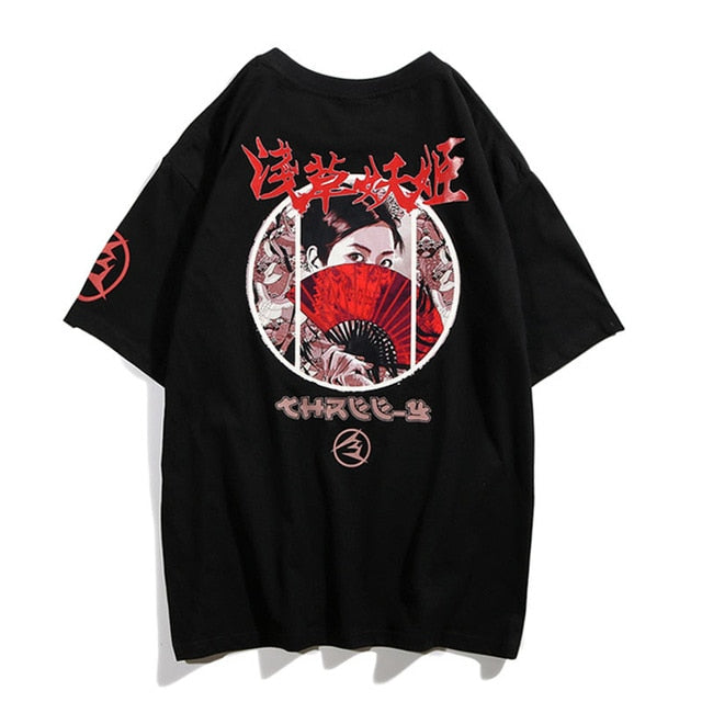 Yakuza Woman Fan Printed Hip Hop Streetwear Loose Tees-unisex-wanahavit-Black-Asian M-wanahavit