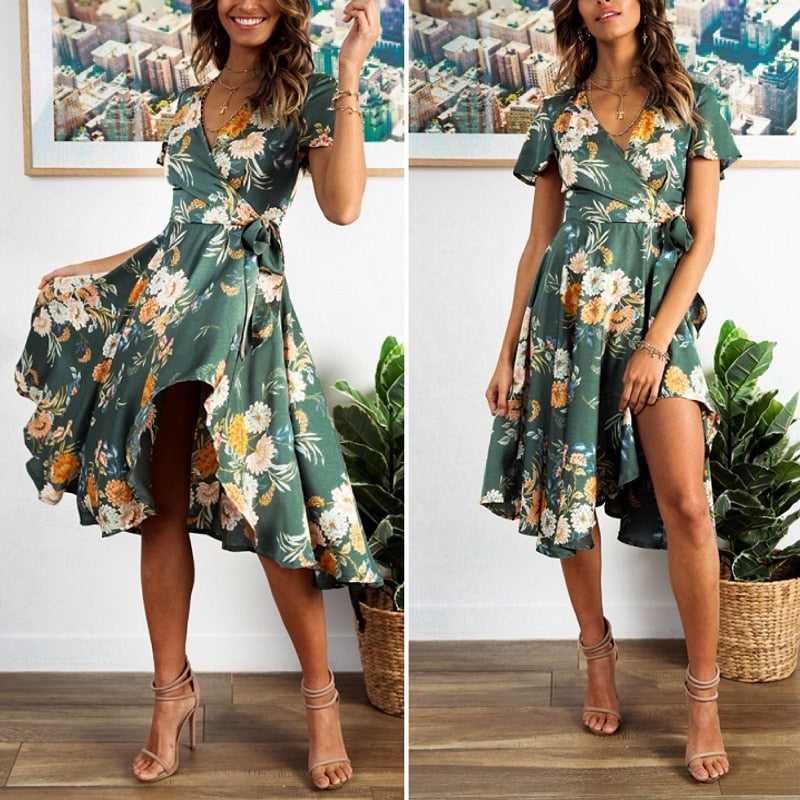 Elegant Floral Print Satin Wrap High Waist Summer Dress-women-wanahavit-Green-S-wanahavit