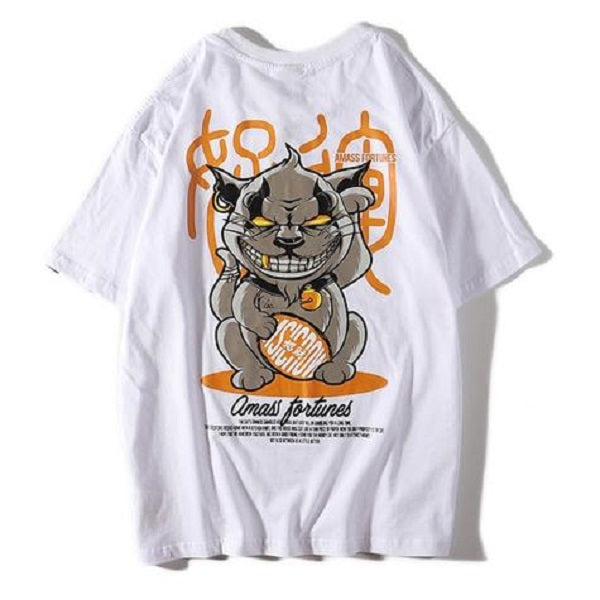 Evil Cat Waving Printed Hip Hop Streetwear Loose Tees-unisex-wanahavit-White-Asian M-wanahavit