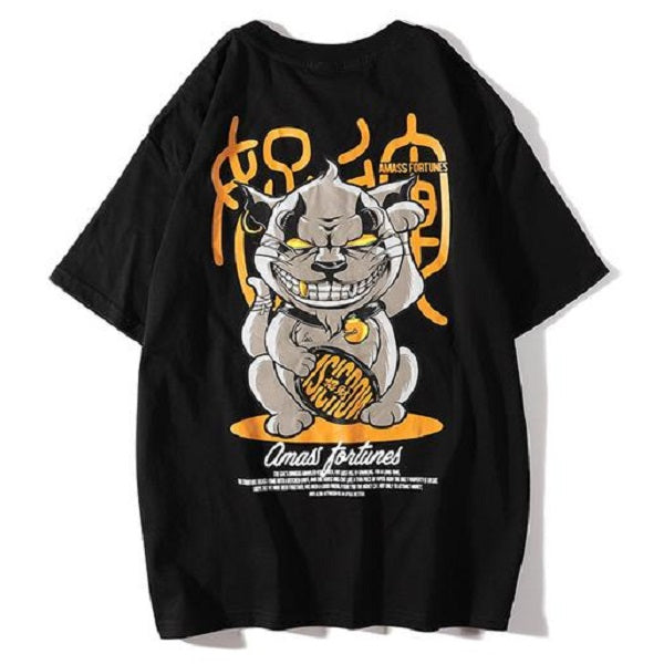 Evil Cat Waving Printed Hip Hop Streetwear Loose Tees-unisex-wanahavit-Black-Asian M-wanahavit