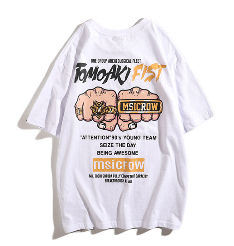 Tomoaki Fist Printed Hip Hop Streetwear Loose Tees-unisex-wanahavit-White-Asian M-wanahavit