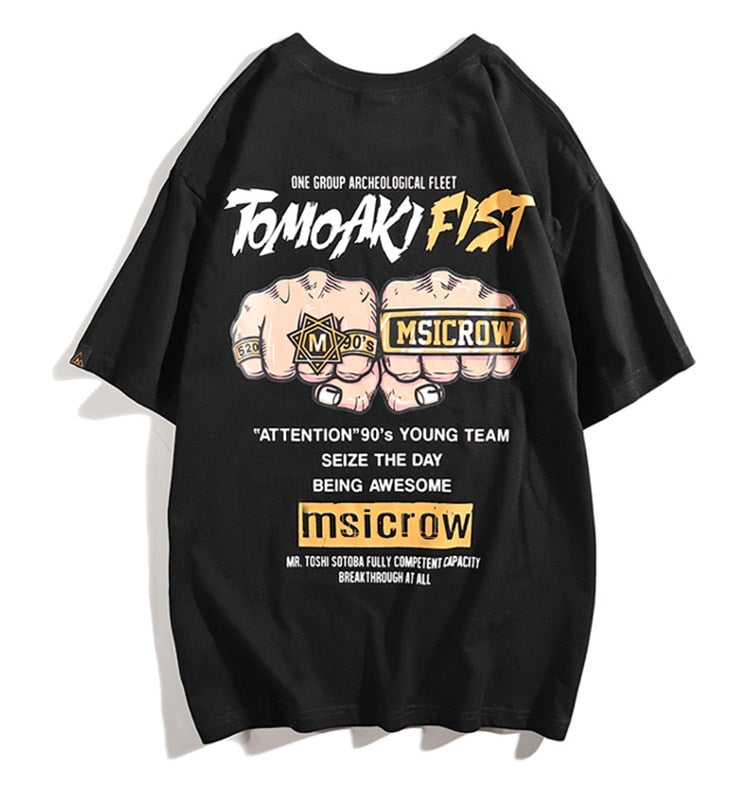Tomoaki Fist Printed Hip Hop Streetwear Loose Tees-unisex-wanahavit-Black-Asian M-wanahavit