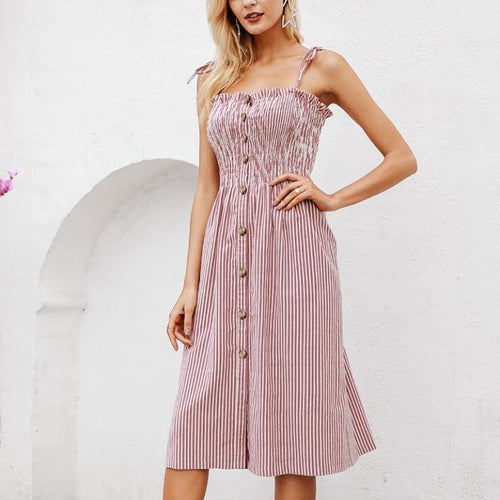 Load image into Gallery viewer, Striped Cotton Spaghetti Strap Button Split Dress-women-wanahavit-Striped-S-wanahavit
