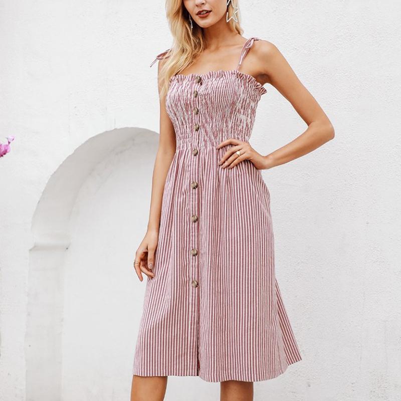 Striped Cotton Spaghetti Strap Button Split Dress-women-wanahavit-Striped-S-wanahavit