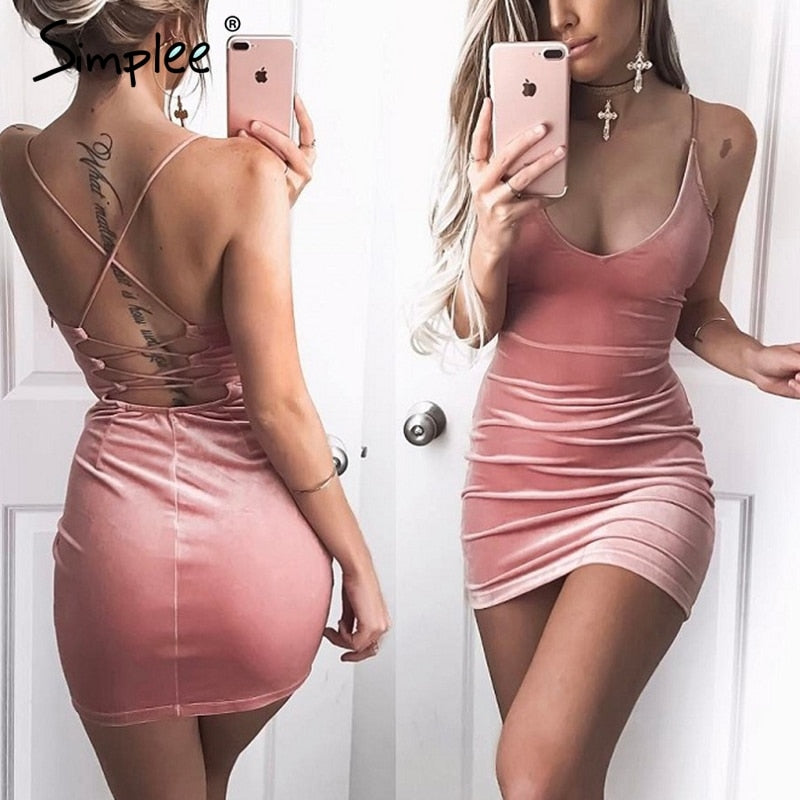 Lace Up Velvet Vintage Backless Party Dress-women-wanahavit-Pink-S-wanahavit