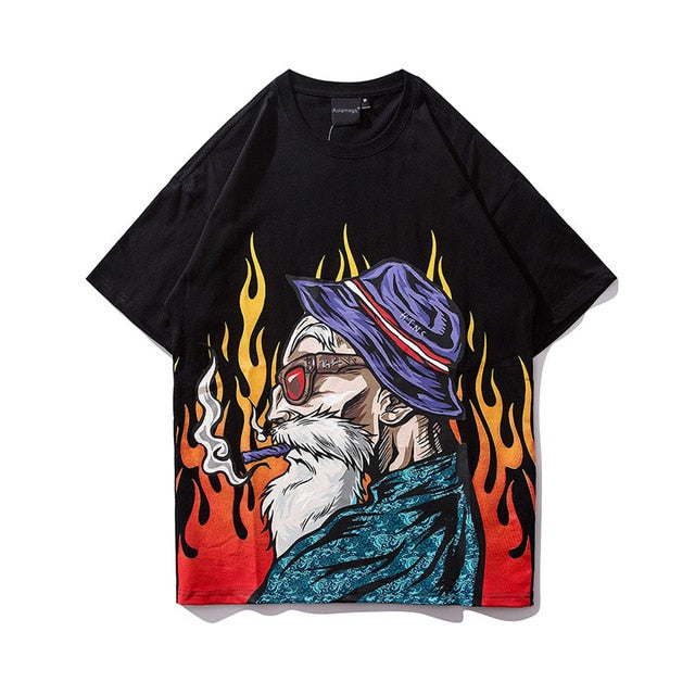 Smoking Old Man Printed Streetwear Hip Hop Loose Tees-unisex-wanahavit-Black-Asian M-wanahavit