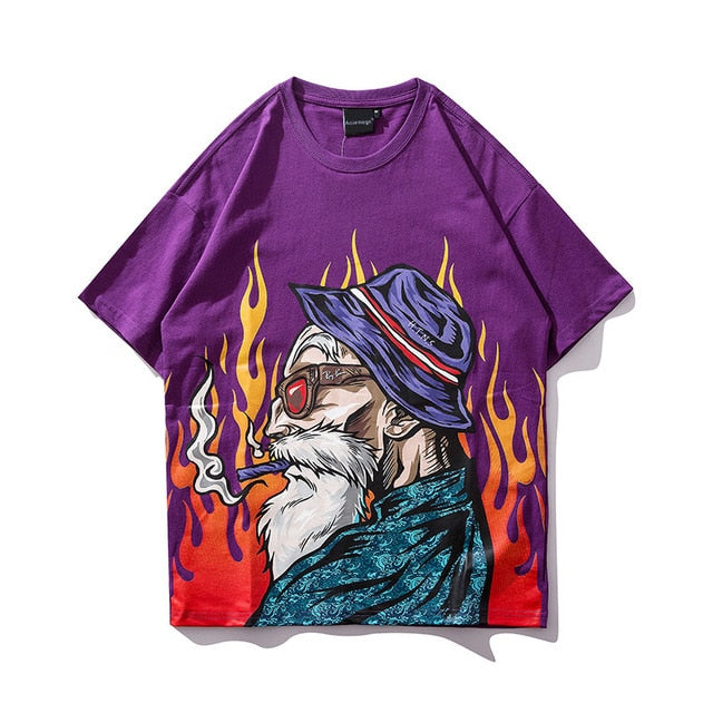 Smoking Old Man Printed Streetwear Hip Hop Loose Tees-unisex-wanahavit-Purple-Asian M-wanahavit