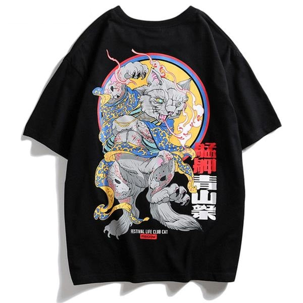 Yakuza Cat Printed Hip Hop Streetwear Loose Tees-unisex-wanahavit-Black-Asian M-wanahavit