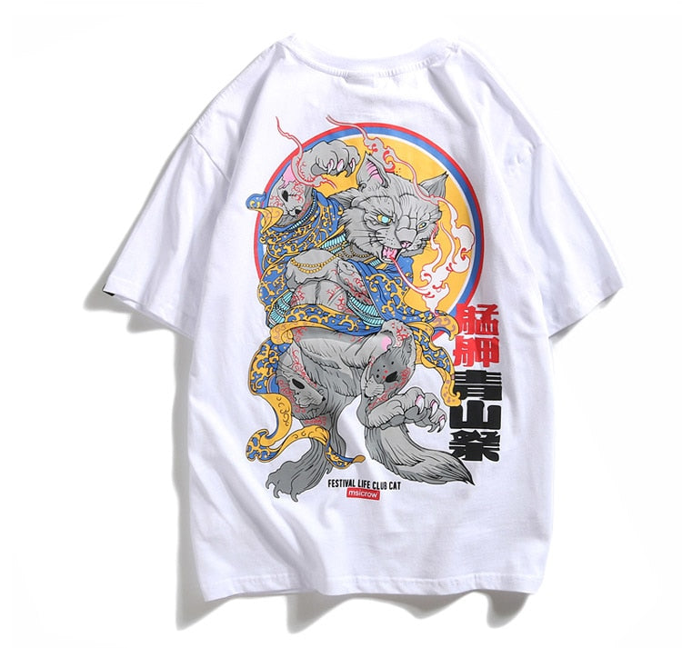 Yakuza Cat Printed Hip Hop Streetwear Loose Tees-unisex-wanahavit-White-Asian M-wanahavit