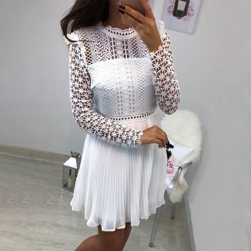 Sexy Lace Floral Hollow Out Long Sleeve Mesh Chiffon Dress-women-wanahavit-White-S-wanahavit