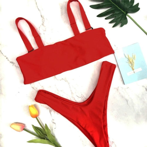 Load image into Gallery viewer, Sexy Solid Color High Cut Bandeau Bikini-women fitness-wanahavit-Red-L-wanahavit
