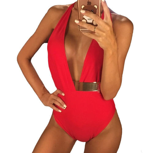 Load image into Gallery viewer, Sexy Golden Belt High Waist Backless Monokini-women fitness-wanahavit-Red-L-wanahavit
