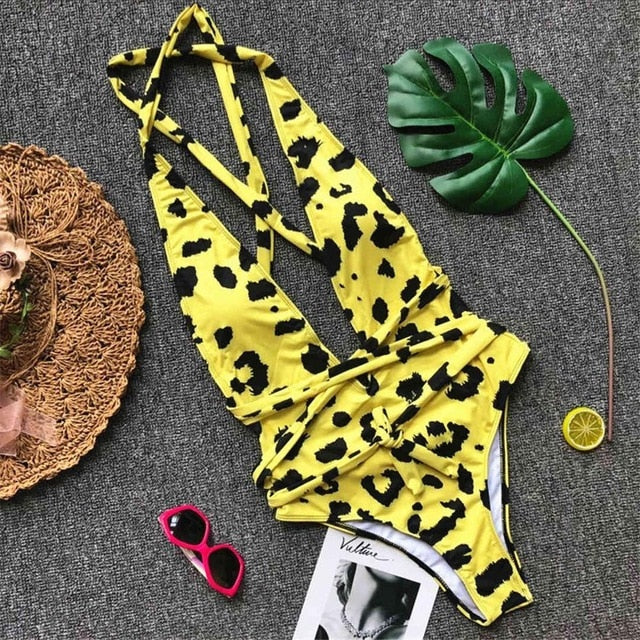 DIY Long Strap Wrap Around Skin Printed Monokini-women fitness-wanahavit-Yellow-L-wanahavit