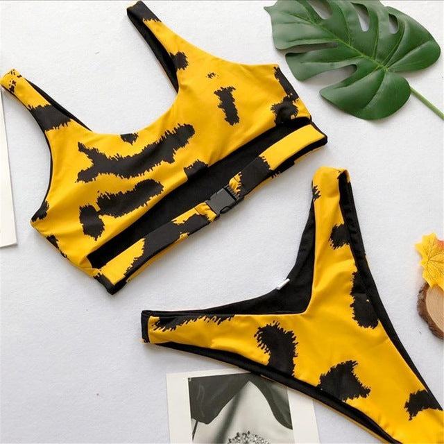 Printed Designer Buckle High Waist Bikini-women fitness-wanahavit-Yellow Print-L-wanahavit