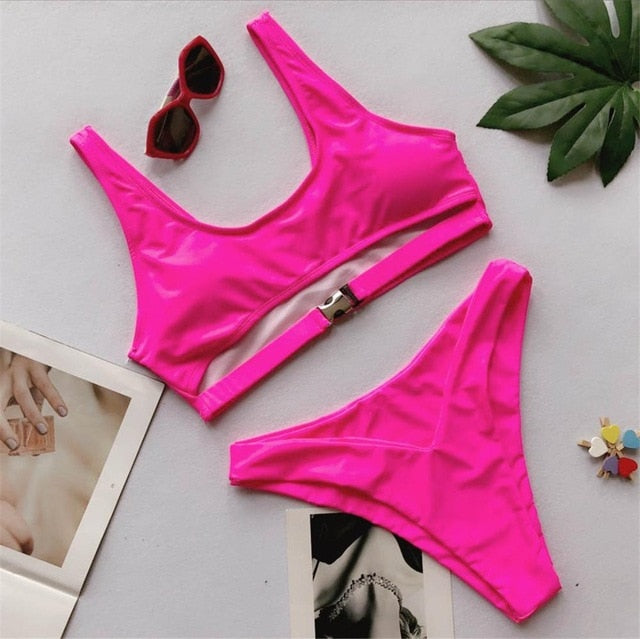 Printed Designer Buckle High Waist Bikini-women fitness-wanahavit-Hot Pink-L-wanahavit