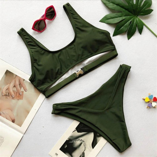 Load image into Gallery viewer, Printed Designer Buckle High Waist Bikini-women fitness-wanahavit-Army Green-L-wanahavit
