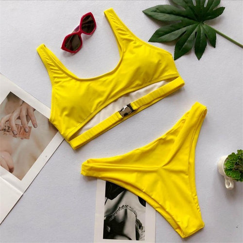 Load image into Gallery viewer, Printed Designer Buckle High Waist Bikini-women fitness-wanahavit-Yellow-L-wanahavit
