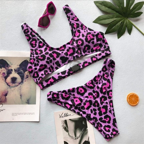 Load image into Gallery viewer, Printed Designer Buckle High Waist Bikini-women fitness-wanahavit-Purple Leopard-L-wanahavit
