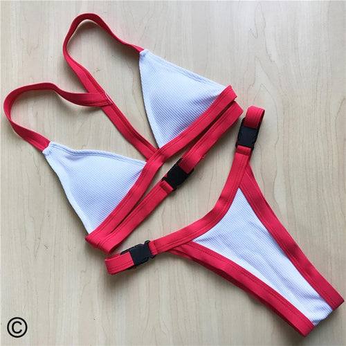 Load image into Gallery viewer, Sexy Sport Ribbed Buckle Strap Brazilian Bikini-women fitness-wanahavit-White-L-wanahavit
