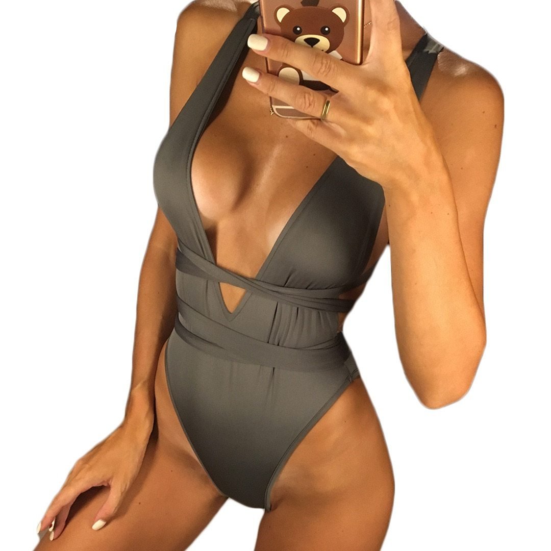 Sexy Deep V Neck Wrap Around Backless Monokini-women fitness-wanahavit-Gray-S-wanahavit