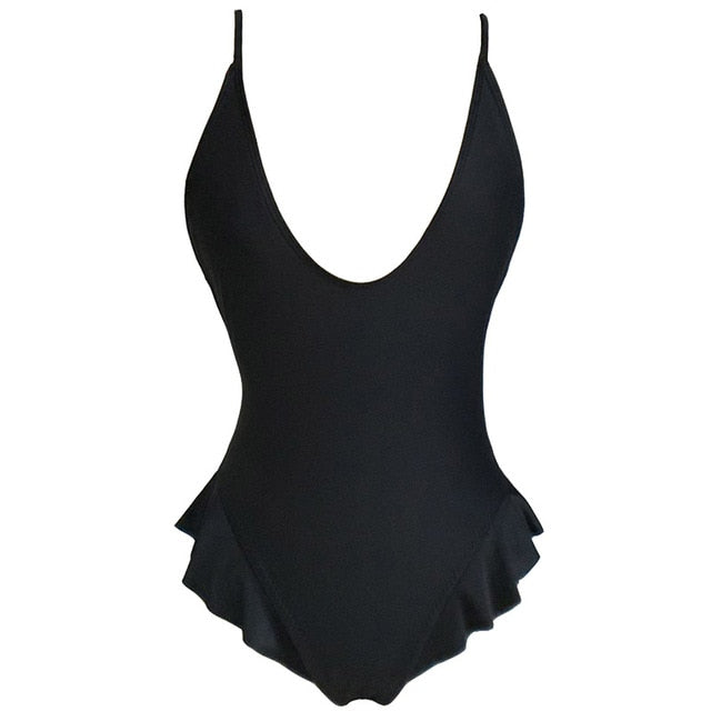 Sexy Frill Deep V Neck Bather Monokini-women fitness-wanahavit-Black-L-wanahavit