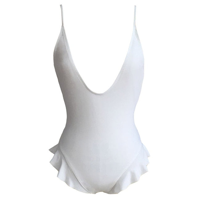 Sexy Frill Deep V Neck Bather Monokini-women fitness-wanahavit-White-L-wanahavit