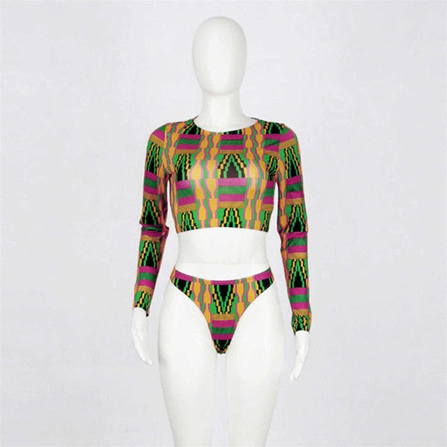 Sexy Long Sleeve Tribal Print High Waist Bikini-women fitness-wanahavit-WineGlass-L-wanahavit