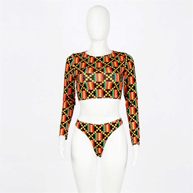 Sexy Long Sleeve Tribal Print High Waist Bikini-women fitness-wanahavit-MultiRhombus-L-wanahavit