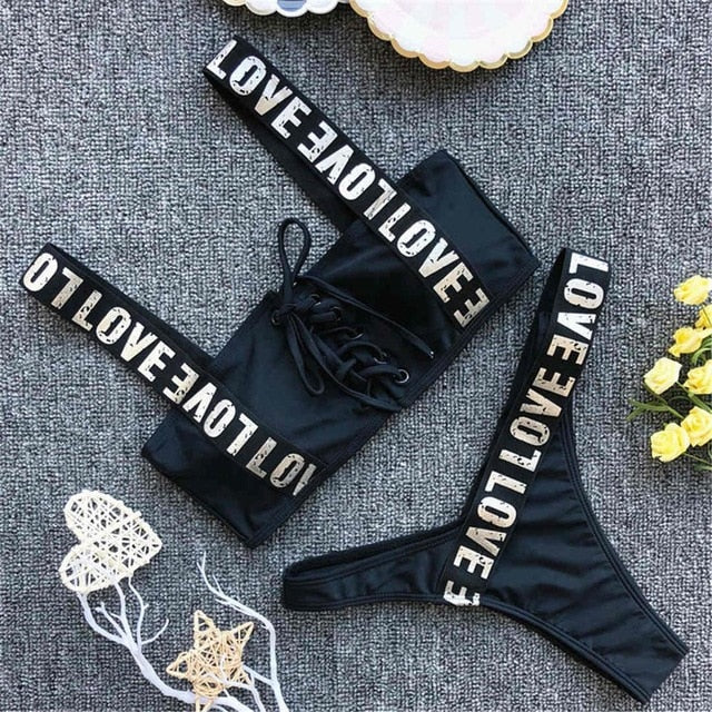 Love Letter Printed Strap Lace Up Brazilian Bikini-women fitness-wanahavit-Black-S-wanahavit