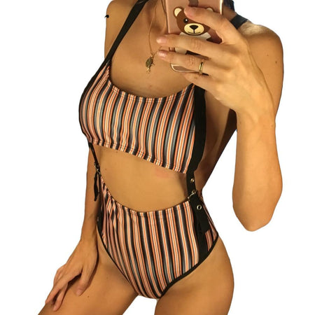 Tummy Cut Out High Waist Striped Monokini-women fitness-wanahavit-Blue-L-wanahavit