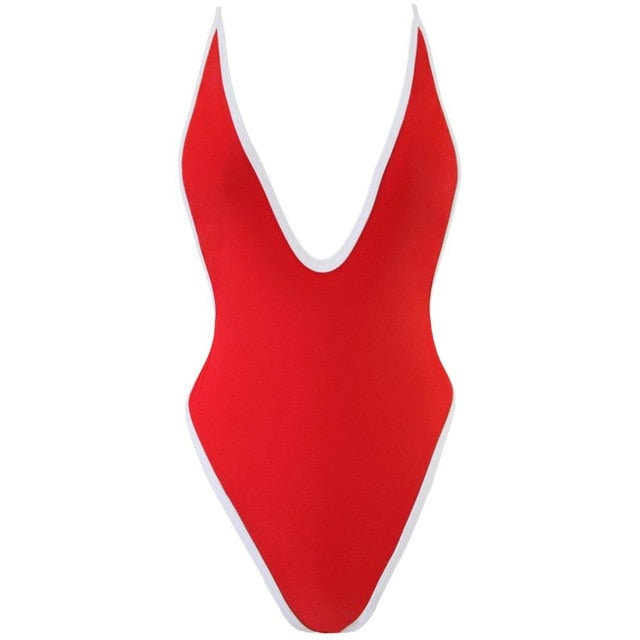 Outlined Sexy Deep V Neck Bather High Cut Backless Monokini-women fitness-wanahavit-Red-L-wanahavit