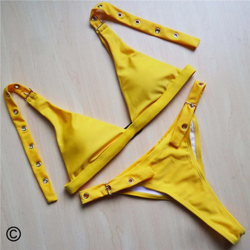 Load image into Gallery viewer, Sexy Solid Color Holes Thong High Waist Bikini-women fitness-wanahavit-Yellow-S-wanahavit
