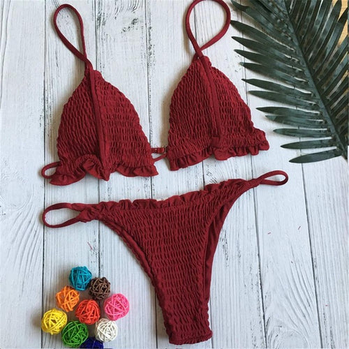 Load image into Gallery viewer, Sexy Solid Color Frill Wrinkled Ruffle Bikini-women fitness-wanahavit-Wine Red-L-wanahavit
