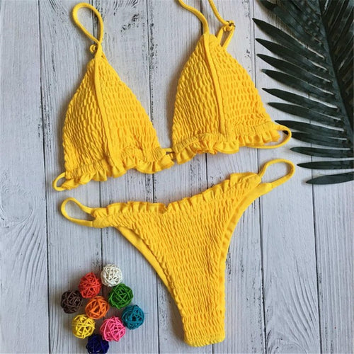 Load image into Gallery viewer, Sexy Solid Color Frill Wrinkled Ruffle Bikini-women fitness-wanahavit-Yellow-L-wanahavit
