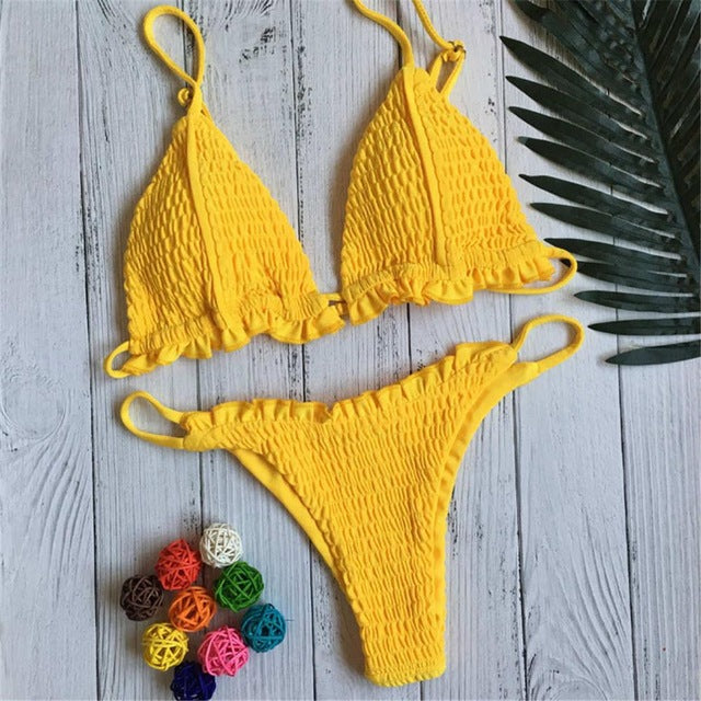 Sexy Solid Color Frill Wrinkled Ruffle Bikini-women fitness-wanahavit-Yellow-L-wanahavit