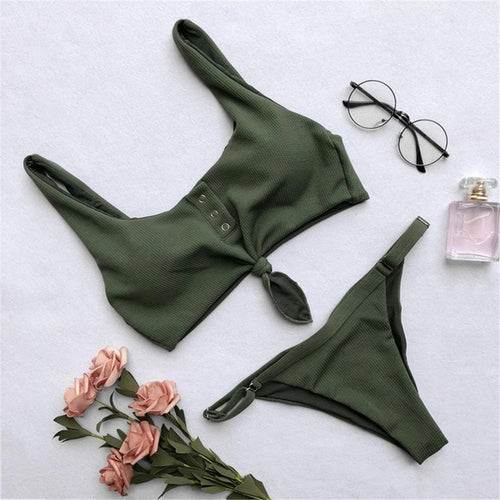 Load image into Gallery viewer, Sexy Solid Color Padded Ribbed Knotted Bikini-women fitness-wanahavit-Green-L-wanahavit
